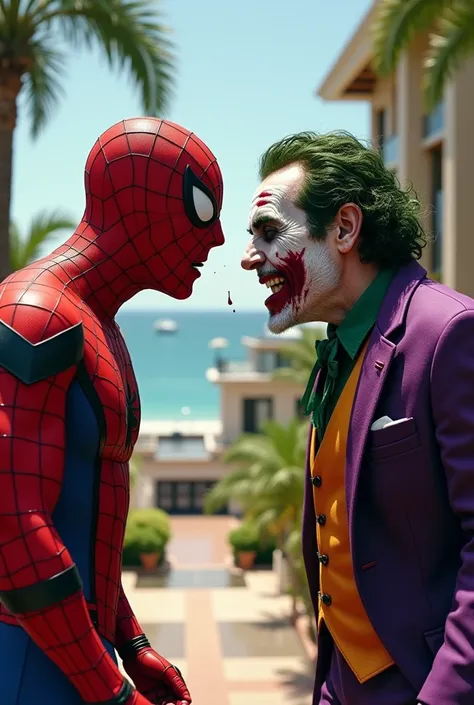 Spiderman give a bloody punch on joker face , at the resort