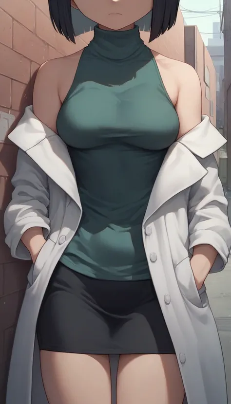 1girl, solo, black hair, bob hair, hime_cut, turtleneck , ribbed sweater, navy sweater, black tight skirt, lab coat, outdoor, city, alley, (wall:1.2), standing, medium breast, thighs, anime style, cute, chibi, (tired:1.3), closed mouth, steam, off shoulder...