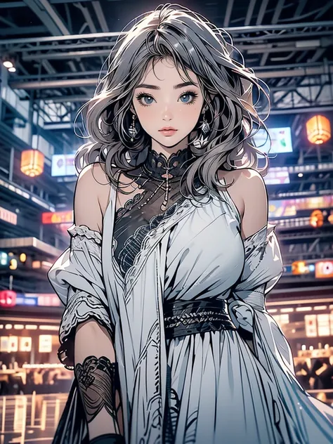 Create an "fall winter season" scene where a beautiful dark gray-eyed Japanese young highschool girl ,(((silver color highlight hair,ash color hair,Curly Hair)))、Flat color,blur background,F cup size breast、 with slightly open mouth、between breasts、between...