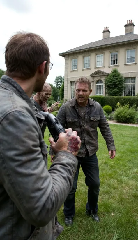 Side shot of a man fighting a zombie， camera shot from behind a man in a grey jacket，Man standing on the lawn next to the villa with his hands holding a shotgun ，Fighting scene with a zombie