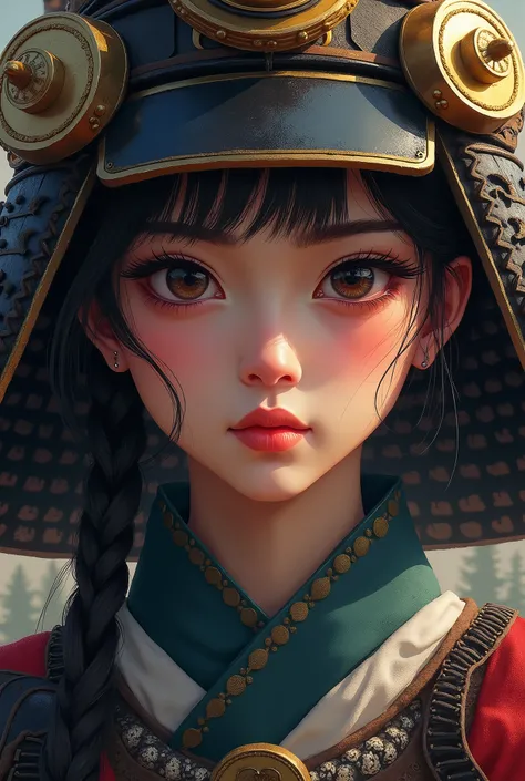 a natural portrait of the real Tomoe Gozen, made by human, beautiful detailed eyes, beautiful detailed lips, extremely detailed eyes and face, long eyelashes, samurai warrior woman, waist-up portrait, traditional japanese armor, detailed facial features, e...