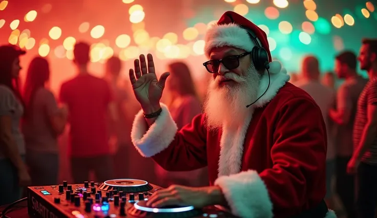 Create a festive scene of Santa Claus wearing sunglasses in a lively nightclub atmosphere. He is dressed in his traditional red suit with white trim, wearing headphones and confidently spinning tracks at a DJ console with one hand and lifting one hand up. ...