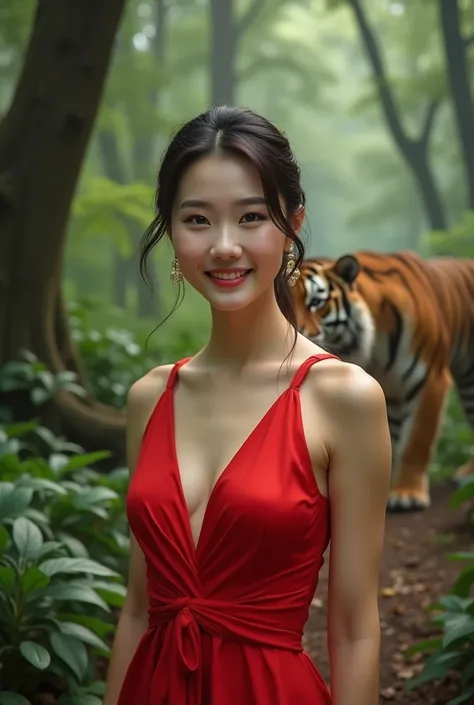 Photo of a Korean beauty wearing a red dress while smiling with a Tiger Background in the forest 