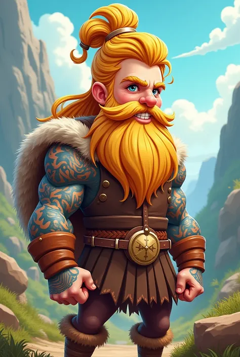 Young Viking character in cartoon form, long blonde hair updo.  With tattoos on his arms and short beard .