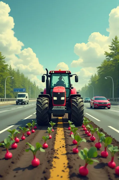 Sur une autoroute avec des voitures un tracteur détruit  la route pour semer des radis 