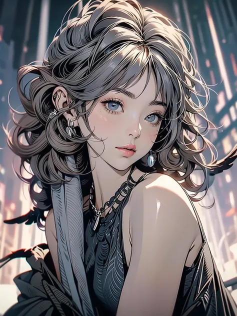 Create an "fall winter season" scene where a beautiful dark gray-eyed Japanese young highschool girl ,(((silver color highlight hair,ash color hair,Curly Hair)))、Flat color,blur background,F cup size breast、 with slightly open mouth、between breasts、between...