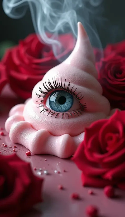  create a delicious ice cream effect ，Flowing like a waterfall  ， a waterfall of cigarette smoke and a delicious ice cream effect in the shape of a human eye， Long eyelashes ，Delicate eyeshadow ， Super Realistic  ， Is it possible  ，  surrounded by red rose...