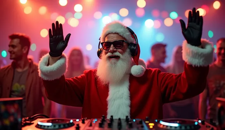 Create a festive scene of Santa Claus wearing sunglasses in a lively nightclub atmosphere. He is dressed in his traditional red suit with white trim, wearing headphones and confidently lifting his both hands high while he is looking at his dj set. Surround...