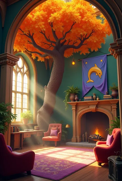 Hogwarts house common room with yellow magic and lights, a large Orange fruit Tree in center, with furniture scattered throughout the room, a large Dolphin mounted on wall, and a flag of a Dolphin on a soft soft purple background with blue detailings, and ...