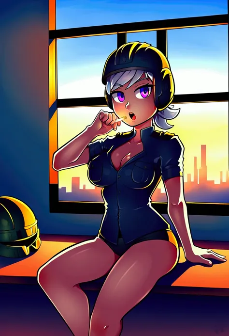 (vtuber) young, age 18,  slim body,  medium breasts,  background,  medium thighs,  sitting at a window ,  blade runner style landscape, dressed as a military man,  with a cigarette in her mouth , wear a military helmet ,  purple eyes,  in the background, O...