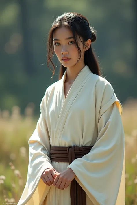  Generates an image of a young Jedi girl around 17 wearing white robes, human race, twin-tailed black hair and blue eyes . (not anime style)