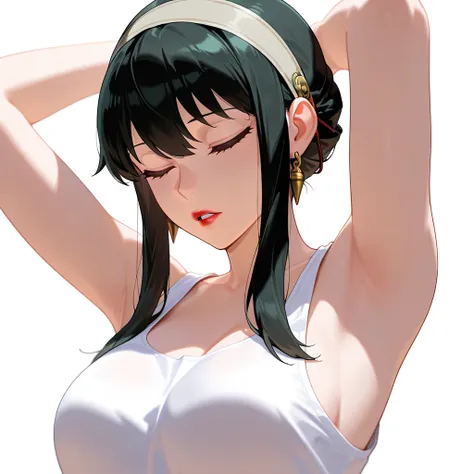 masterpiece,best quality,amazing quality,yor briar, 1girl, armpits, arms up, black hair, breasts, closed eyes, grey hairband, hairband, medium breasts, parted lips, red lips, sidelocks, solo, tank top, white tank top