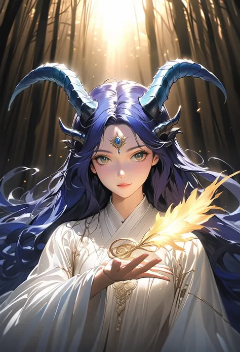 This character is a woman with a mystical aura, beautiful and mature. Her long, bright, shiny dark blue hair is combined with sharp shining green eyes. He has blue dragon horns on his head, giving off a magical impression, set in a beautiful dark forest wi...