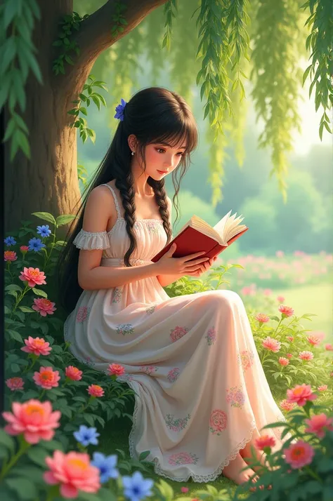 A teen girl , long braided hair , hair bang , sitting under the willow tree in the blooming flower garden , reading a book , wearing a elegant floral dress