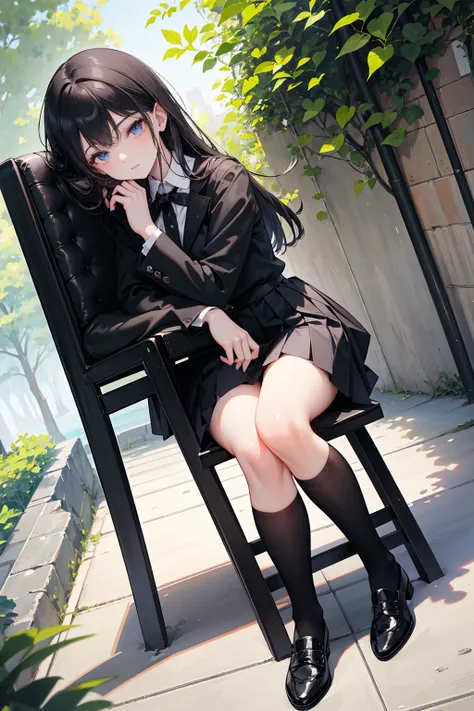  Long straight black hair , School,    blue eyes ， Black Leather Shoes ，  black pleated skirt  ,   black stockings  ,  Black Leather Shoes ,   sit in a chair ，HEALTHY SKIN , Outdoor scenery, Green leaves and blue sky, Bright natural light    ,    The sun s...