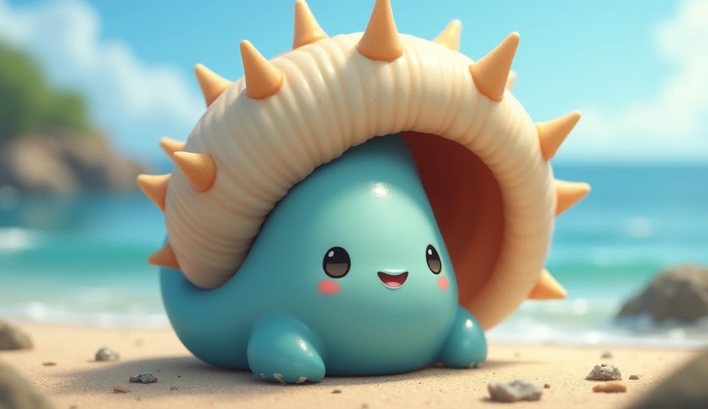 Monster carrying a long, slender seashell、 the body is blue slime-like and has a soft texture, 、 The rounded shape is characteristic 。The expression is bright、 the dark eyes and white eyes emphasize cuteness 。The mouth is small、 with a smile 、 which gives ...