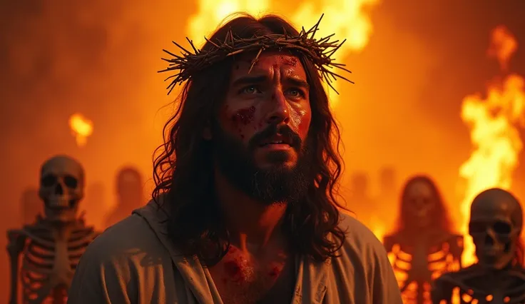  An impactful scene showing Jesus Christ in the spotlight ,  moment with a crown of thorns on the head and the face marked by blood and expressing a mixture of pain and determination.  His bright blue eyes contrast with the injuries on his face . In the ba...