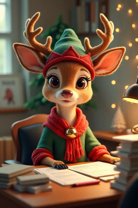 Imagine a young female REINDEER ,   wearing a Christmas costume and who is an Accountant by profession