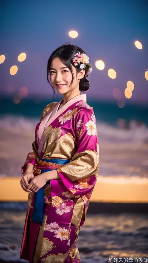 A semi-realistic, semi-anime style image of a beautiful young woman in her early twenties wearing an elegant yukata adorned with cherry blossoms and cranes in shades of lavender, pink, and gold. A deep blue obi is tied gracefully at her waist, and her hair...