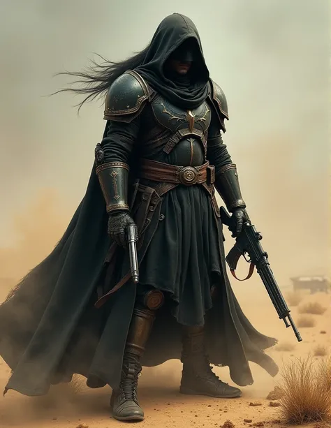 wasteland, Sci-Fi Art,  in style of Bartolomé Esteban Murillo  ,  Arab man wearing hooded jacket and holding a pistol and rifle, fantasy warrior in full armor, fantasy character  All over the floor{ x} All over the floor{ x} very long black hair , fantasy ...