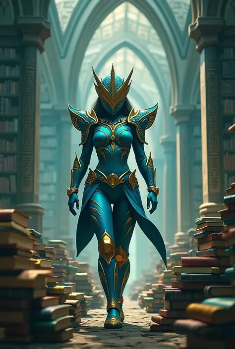 **((CREATE AN IMAGE ABOUT A CHARACTER WALKING THROUGH A LARGE LIBRARY GOING THROUGH SEVERAL BOOKS)** Female Character Design  : helmet fechado com visor.
Kamen Rider  :  Appearance and Armor :
 MAIN COLORS : TURQUOISE BLUE ( representing the sky and inspir...