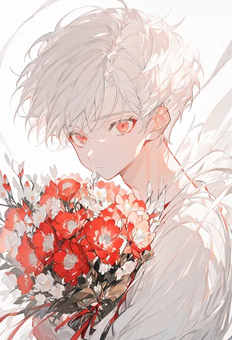 Soft lines、boy、White hair、Short hair、(((( holding a light red bouquet))))、💐💐💐💐💐💐💐💐💐💐💐、 upper body、WhiteＴshirt、 white background 、forward、Look at me