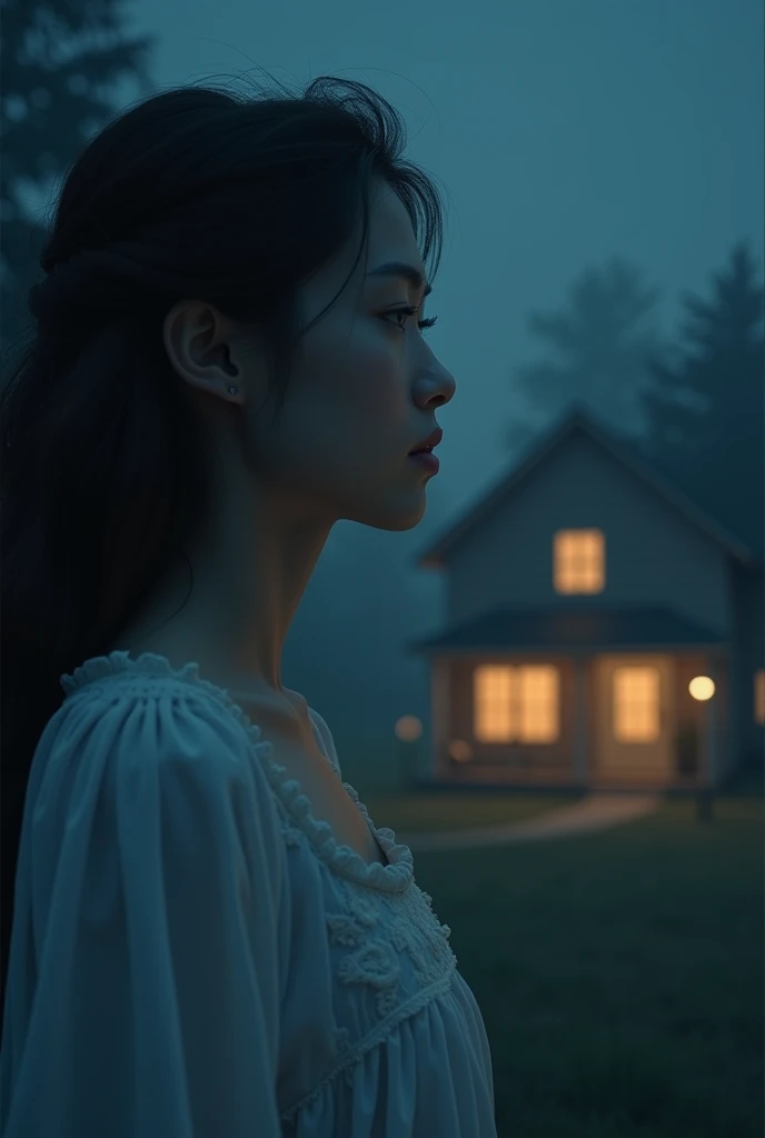 wife is sleeping in her room, and in her dream, wife keeps looking for her husband at night and wandering in front of her husbands house. Draw a dream story on the sleeping wifes head.


