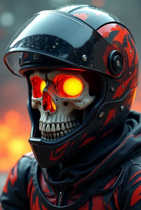 A skull with a motorcycle helmet that is sporty and has a profile with bright colors that has fire in its eyes 