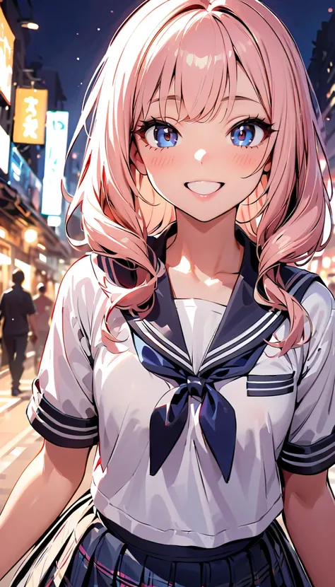 (highest quality:1.2, 4K, 8k, Very detailed, up to date, Vibrant, High detail, masterpiece:1.2, highest quality, Best aesthetics), (((1 boy, male gender))), jk, Sailor suit, Checked skirt, Open your mouth a little:1.2, smile, Dynamic Angle, Friendly atmosp...