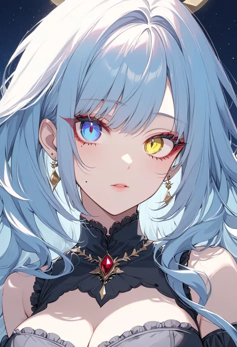 1 girl, beautiful anime girl, long hair, celeste hair, long eyelashes, (heterothromic eyes, blue left eye, yellow right eye), light skin, mole on cheek, red eyeliner, black dress with white fluff, ultra detailed, beautiful, big breasts.