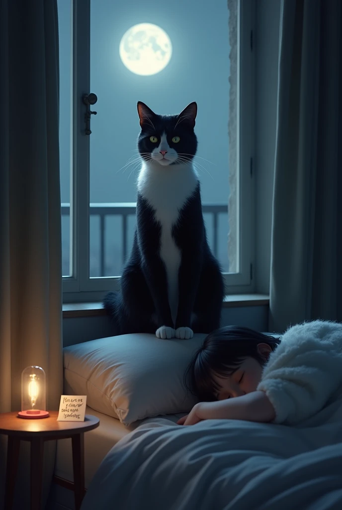 An elegant black-and-white cat with a sleek coat, blending the beauty of an Angora with the toughness of a local breed, watching over a sleeping  from a windowsill. A small piece of paper with heartfelt writing lies on the bedside table, illuminated by the...