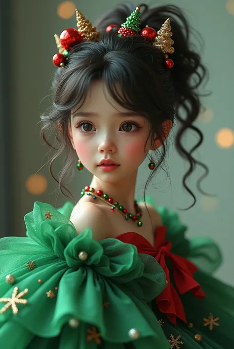  Beautiful girl wearing a Christmas tree dress，green and red puffy skirt，christmas tree hair