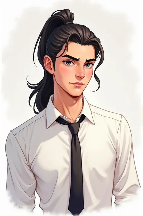 Illustration Create image of handsome young man 20 long hair tied ponytail white shirt shirt feeling smug for wearing a tie