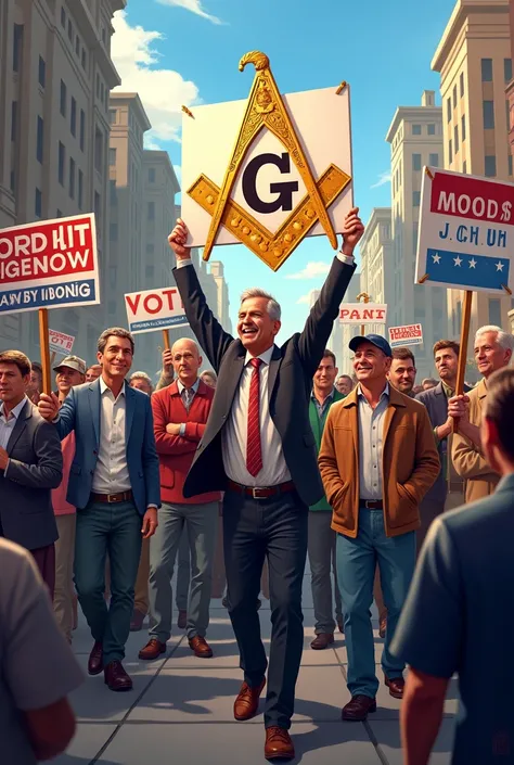 Voters on the street with political posters and plaques and the symbol of freemasonry in the image 