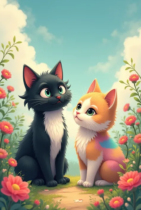 Gato preto e branco fofo ao lado de um gato com pelagem bow-íris ( soft rainbow colors ),  dream style Hayao Miyazaki ,  surrealistic animal illustration ,  outdoor, sky, white clouds, bow, flores, art nouveau,  light color painting , Rich layers,  realist...