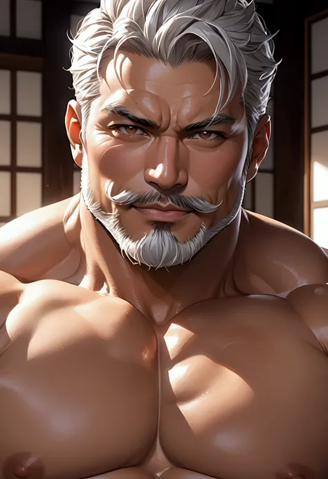 Ultra bulging muscular (Japanese daddy handsome hunk) , voluminous beautiful pecs realistic (aesthetic round chest separation), masterpiece image, (aesthetic bulging muscle), white goatee moustache, close up (with subtle smile expression), white hair