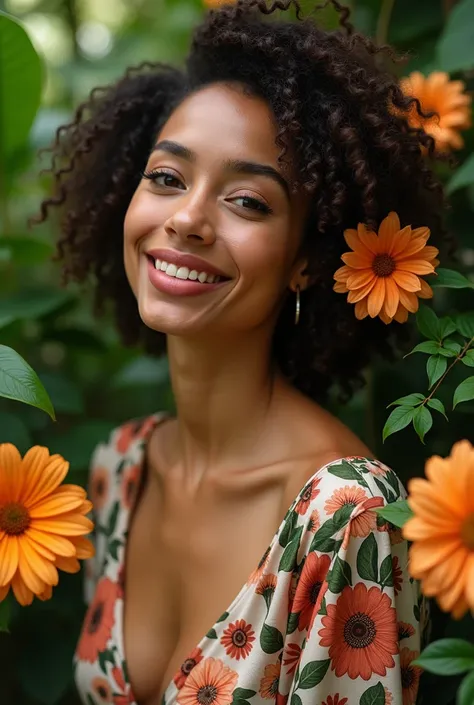  A Brazilian woman in a lush tropical garden,  wearing an open shirt with floral print ,  with a close up capturing the harmonious beauty between her breasts and natural flowers,  showing your natural charm and outgoing personality.