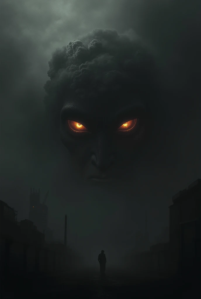  An atomic bomb explosion that doesnt produce fire , but just darkness ,  with two demonic eyes in the background of the great black fog