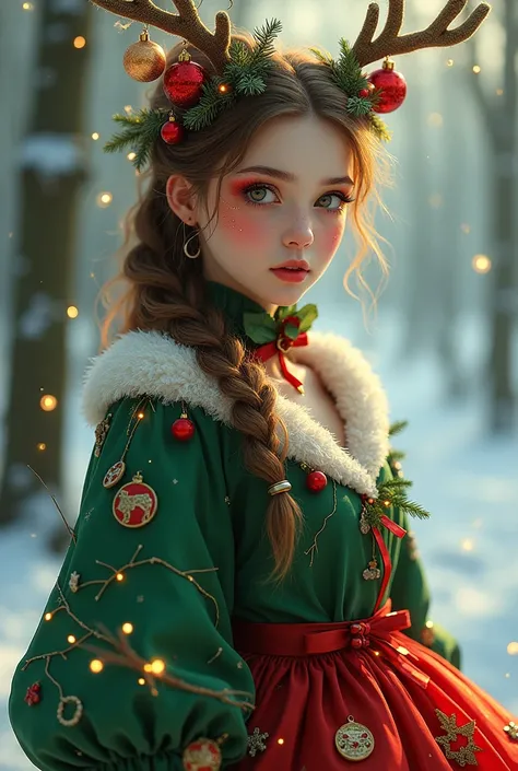  Beautiful girl wearing a Christmas tree dress，green and red puffy skirt，christmas tree hair，Deer makeup，