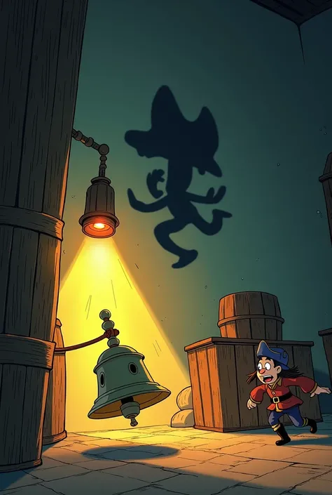 You could draw vintage Disney cartoon style a little bell behind a lamp creating a Chinese shadow on the wall and some scared pirates fleeing?