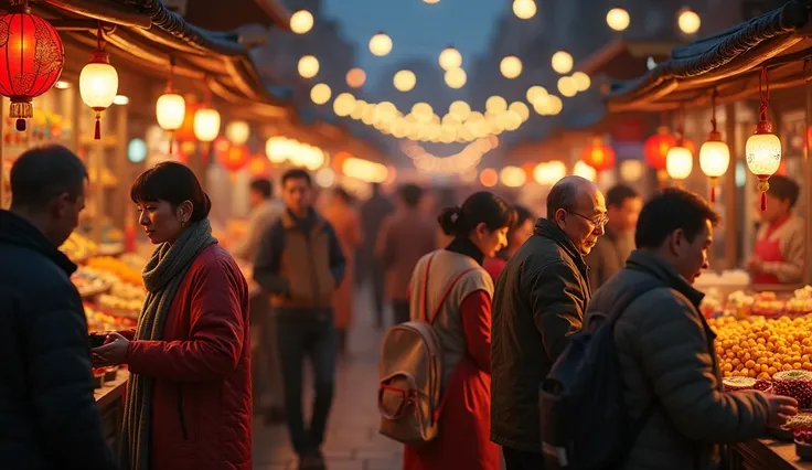 Create a hyper-realistic image of a bustling city street market during a vibrant evening festival, showcasing a diverse array of people from various ethnicities and age groups. Capture dynamic interactions among individuals, such as vendors enthusiasticall...