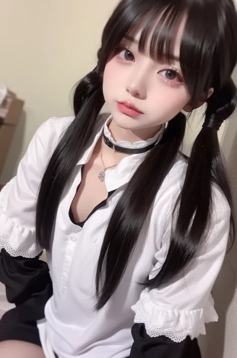  top quality、8k、32K、​masterpiece、 NFFS:1.2)、 one girl 、Age 15、 long haired girl 、 1 beautiful Japanese woman、 dark-haired、 heavy bang、Long sleeve shirt、Length Hair、 maid uniform、 choker、  maid clothes、 Twin Tail Hairstyle 