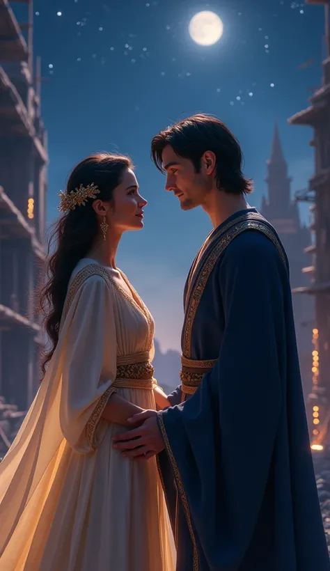 A Very Clear 4K Ultra HD Dynamic Image Of "Queen Anaya, with her hair loosely tied back and wearing a cream-colored dress, speaks lovingly to King Samar under a starlit sky. The king, in a navy-blue robe, holds her hand and smiles softly. An unfinished pal...