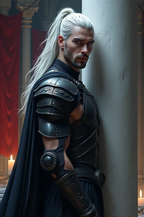  Create a beautiful prince from hell ,  long, white hair tied in a tail with several loose braids . Don&#39;t put a beard on him, That he has light purple eyes ,  a dark armor marks his body with shoulder straps and a dark cape ,  that he has his arms cros...