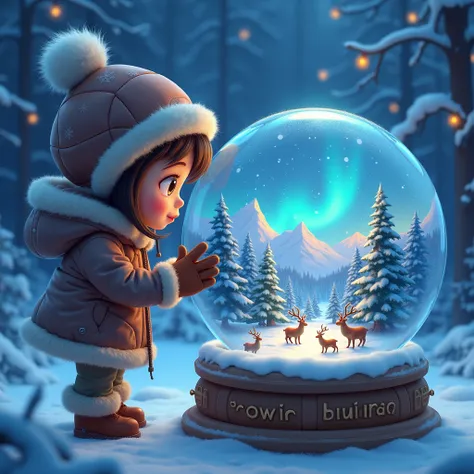  Close-up of a crystal ball with a visible cat Snow , Northern Lights and snowy mountains , Reindeer Christmas Trees  , Alva Aisha Ronaldas ,   Very beautiful The girl looks at her hands and looks into the crystal ball  ,   A girl wearing a hat with a hood...