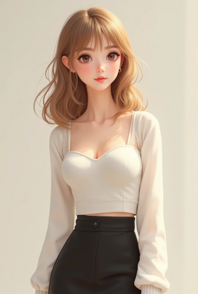 Skin tone: Fair, with a healthy rosy glow
Gender: female/ age: 18/height: 5’2
Appearance: golden-brown slightly wavy shoulder to collarbone -length curly, curtain bangs, down to her hips, soft thick eyebrows, and soft creamy lips, A small cute face with a ...