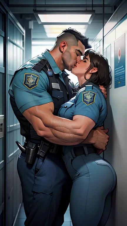 A 30 years old handsome indian huge wide muscular dream police officer uniform man doing smooching kissing with his prisoner friend, in police station with perfect prison background, masterpiece, hd, HDR, depth of field, hd, hdr, D750F nikon camera photogr...