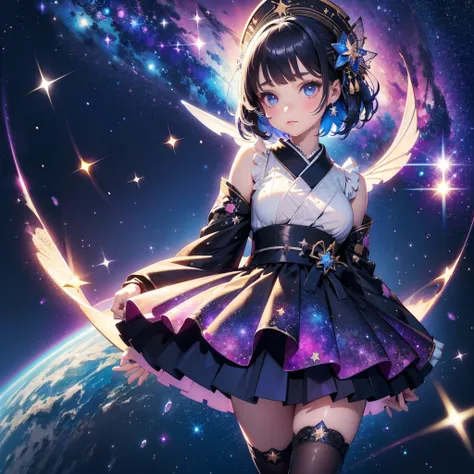  1 girl、vtuber-full body、Star Fairy、「 beautifully printed galaxy pattern kimono and gothic lolita costume.、 Space Print Ruffle Box Pleated Mini Skirt 、 full body frontal portrait 、Captivating eyes、Perfect and attractive face、 Exquisite Details 、 Clear Imag...