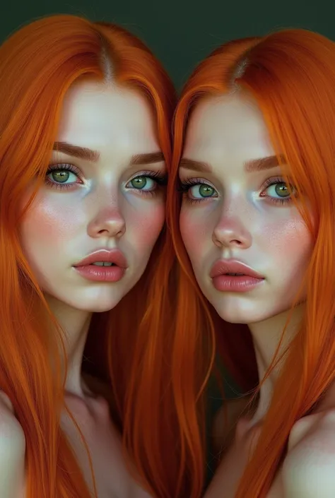 twins, both with reddish orange hair ,  long straight hair.  One of them with jade green eyes and the other with an emerald green eye and a light gray eye.
 Both with full eyebrows and thick lips ,  long eyelashes and pale skin .



