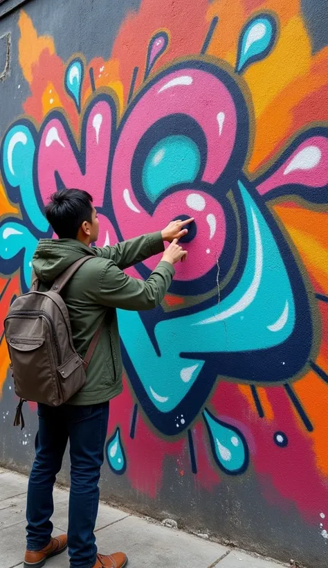 The hand of an Indonesian young man points to the fourth wall, a wall covered in beautiful colorful graffiti